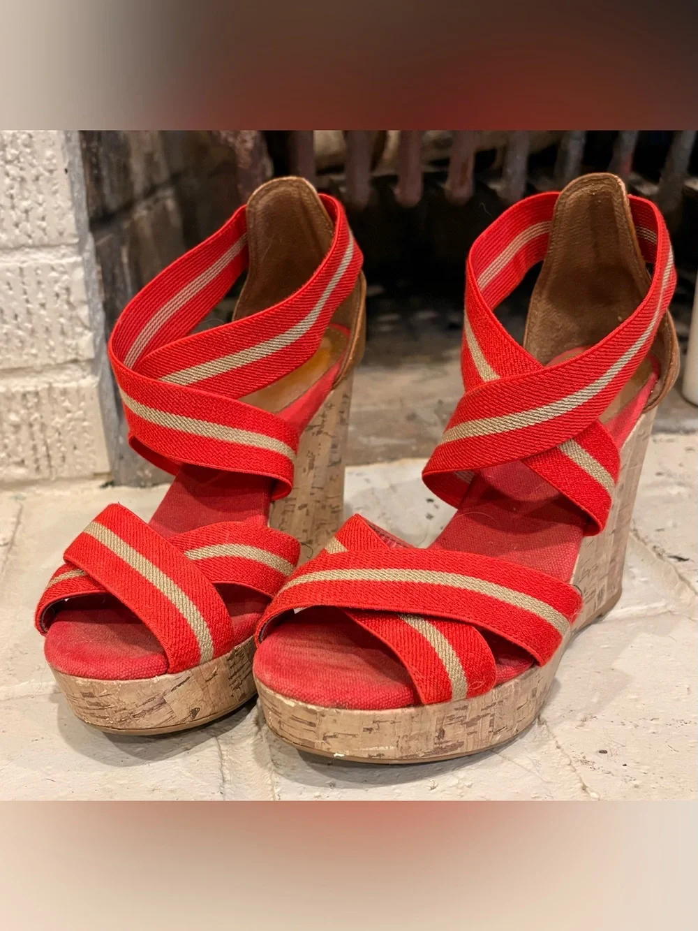 Merona Cork Wedge Sandals Red Stripe Size 6